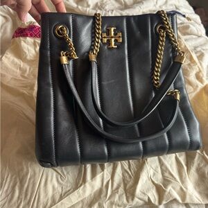 Tory Burch Black Leather Shoulder Bag with Gold Accents